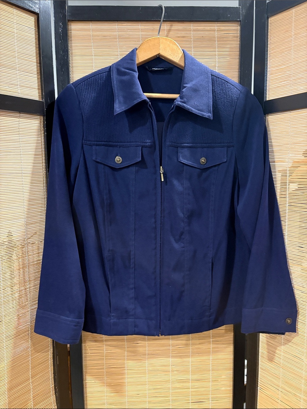 Women's Navy Suede like Zip-Front Jacket